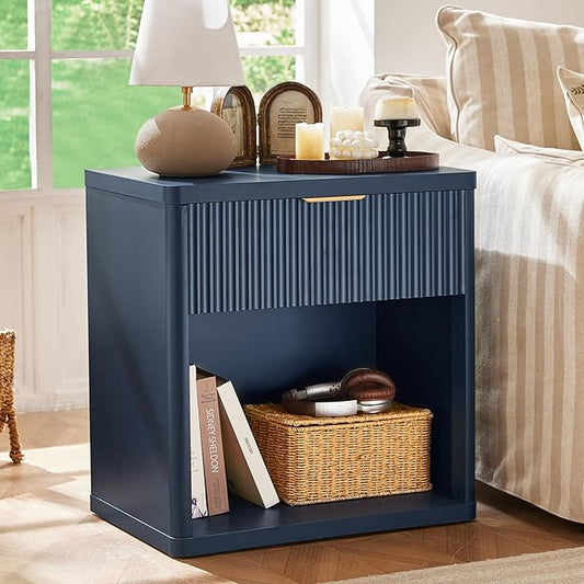 LEYAOYAO Fluted Nightstand with Charging Station, 23" Wide 1 Drawers End Table,Blue Night Stand with Open Storage Cabinet, Farmhouse Bed Side Tables, Wood Dresser for Bedroom, Living Room, Closet