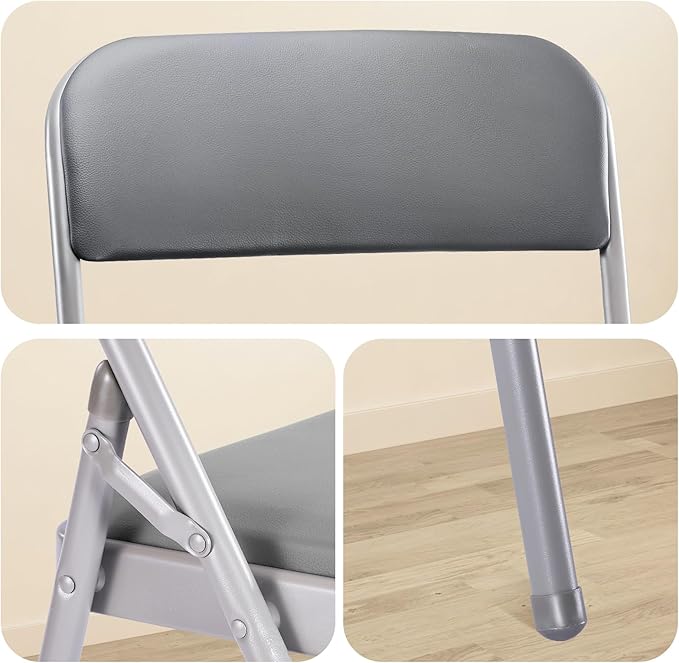 cyclone sound 4 Pack Folding Chairs with PU Padded Cushion and Back, Commercial Grade Metal Chairs with Comfortable PU Leather Cushion for Home and Office, for Indoor and Outdoor Events (4, Gray-PU)