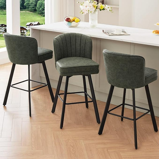 Swivel Counter Height Bar Stools Set of 3, 30'' Modern Barstools with Backs and Metal Legs, Upholstered Bar Chairs, Faux Leather Green Stools for Kitchen Island Chairs