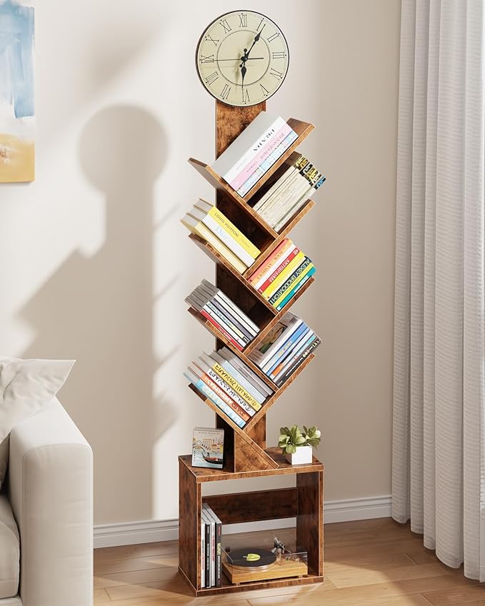7 Tier Tree Bookshelf with Clock and Storage Cabinet, Small Narrow Floor Standing Bookcase for Bedroom, Living Room, Home Office, Rustic Brown
