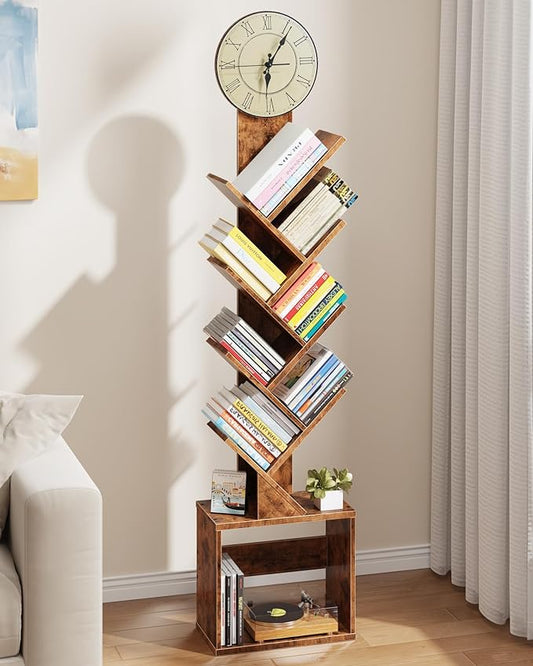 7 Tier Tree Bookshelf with Clock and Storage Cabinet, Small Narrow Floor Standing Bookcase for Bedroom, Living Room, Home Office, Rustic Brown