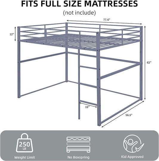 Metal Loft Bed Full Size, Loft Bed Frame with Safety Guard Rails & Flat Ladder, Twin Loft Bed for Kids Teens Adults, Gray