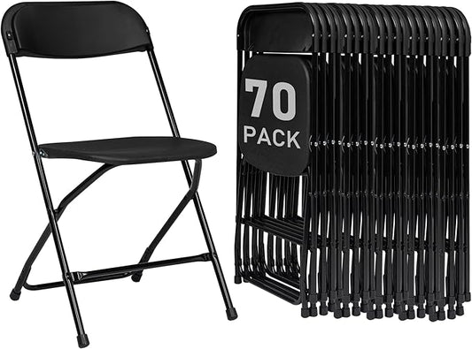 70 Pack Black Plastic Folding Chairs, Portable Party Chairs, Stackable Commercial Seats with Steel Frame for Home Office Wedding Party Indoor Outdoor Events Chairs, 350lbs Capacity