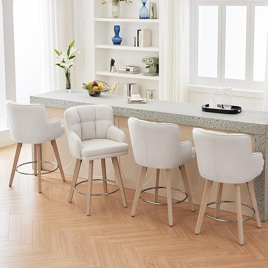 360°Swivel Counter Height Bar Stools with Back, 26 inch Solid Wood Legs, Bar Stool Modern Kitchen Island Chairs, Fabric (Beige- Fabric, 26" H- Set of 4)