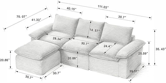 113.03" Sectional Couches for Living Room Modern Modular Sofa with L-Shape Couchs Upholstered Corduroy Boneless Couch Deep Seat Cloud Couch with Ottoman, No Assembly Required, Black