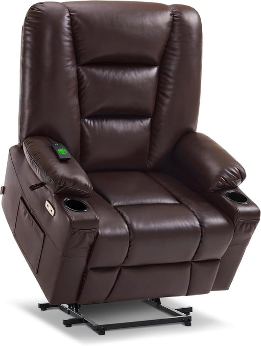 MCombo Oversized Power Lift Recliner Chair with Massage and Heat for Big and Tall Elderly People, Cup Holders, USB Ports, Side Pockets, Faux Leather R7541 (Dark Brown, Large-Oversize)