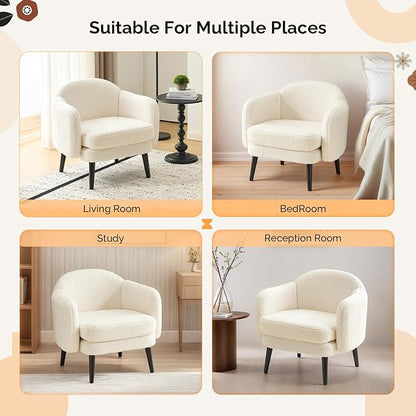 VINGLI 30.3" Wide Modern Barrel Accent Armchair with Track Armrest, Solid Wooden Legs, Comfy Upholstered Club Chair, Round Single Home Sofa for Living Room, Bedroom, Reading Room, Teddy Fleece White