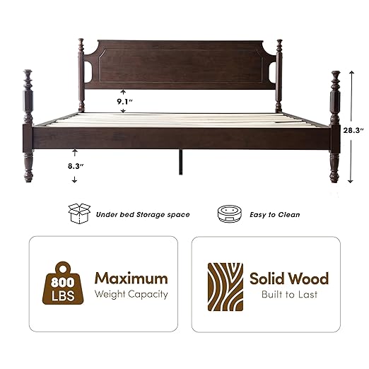 King Size Solid Wood Platform Bed Frame with Headboard & Footboard, 12 Strong Slats Base, Central Metal Legs, No Box Spring Needed, Easy Assembly, Anti-Noise & Slip-Free, Dark Roast Oak Finish, ROK-32