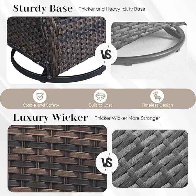 HUMMUH 3-Piece Swivel Rocking Rattan Chair Outdoor, Patio Bistro Furniture Conversation Set, Cushioned Wicker Chair with Glass Side Table(Grey, Beige)