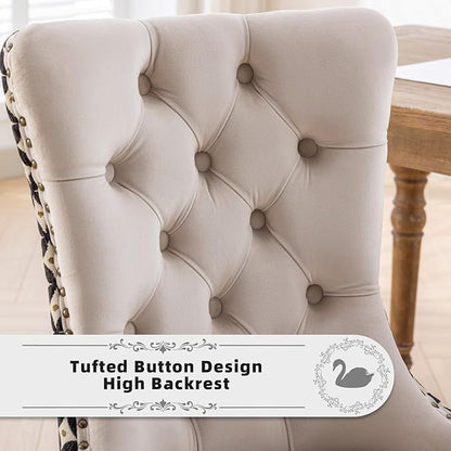 Velvet Upholstered Dining Chairs Set of 2, Modern Style Kitchen Side Chairs with Nailhead Trim and Wood Legs,Metal Pulling Ring for Dining Room Living Room(Quadrangular Star&Beige)