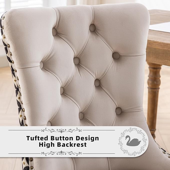 Velvet Upholstered Dining Chairs Set of 8, Modern Style Kitchen Side Chairs with Nailhead Trim and Wood Legs,Metal Pulling Ring for Dining Room Living Room(Quadrangular Star&Beige)