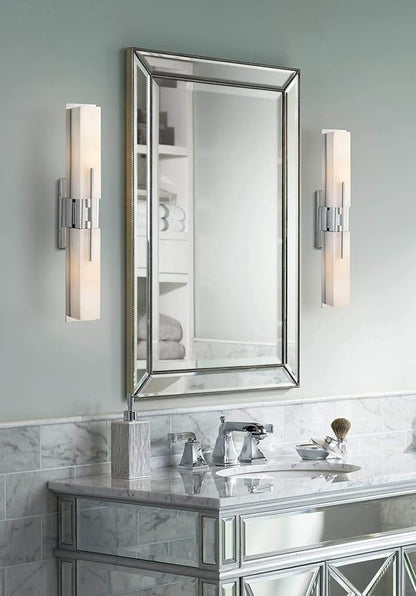 Possini Euro Design Midtown Mid Century Modern Wall Mount Light Chrome Silver Metal 23 1/2" Wide 2-Light Vanity Fixture Rectangular White Glass Shades Decor for Bathroom Over Mirror House Home