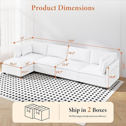 Vesgantti 143" L Shaped Modular Sectional Sofa, Comfy Corduroy Upholstered Modular Sectional Couches for Living Room, Modern Cloud Couch with Ottoman Deep Seat, Warm White