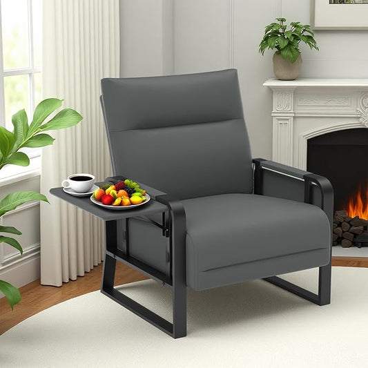 Faux Leather Accent Chair with Flip Up Tray Table Soft Backrest Side Pocket for Living Room Office Bedroom Leather Accent Chair, Gray