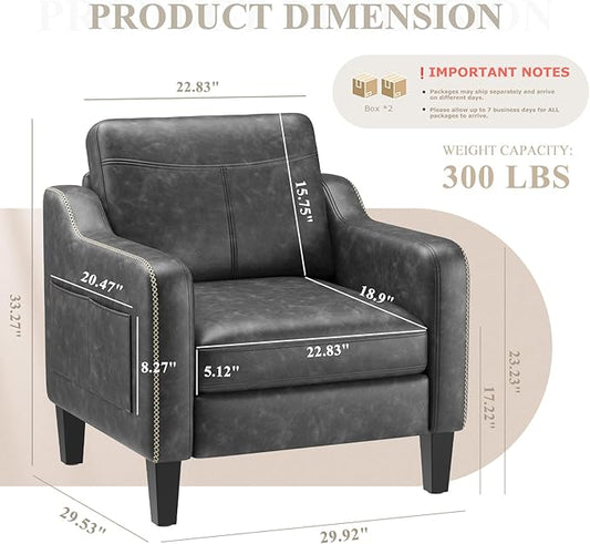 PU Leather Accent Chair Set of 2, Mid-Century Modern Living Room Armchair Sofa with Removable Cushions, Solid Wood Frame & Stitched Armrest Design, Bedroom Chair with Plastic Legs, Black