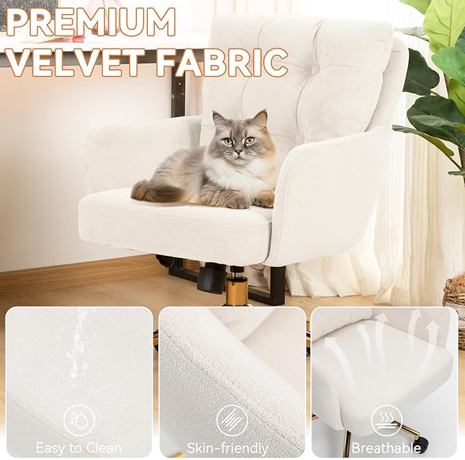 Velvet Office Chair, Comfy Home Office Desk Chairs with Lumbar Support, Modern Velvet Desk Chair Gold Legs Small Swivel Task Chair for Home Office, Bedroom, Study (Beige, L)