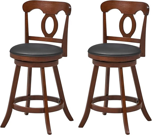 COSTWAY Bar Stools Set of 2, 24 Inch Swivel Counter Height Chairs with Ergonomic Back & Footrest, Vintage Wooden Barstool Set for Kitchen Island, Pub, Bistro, Café, Espresso (2, 24 Inch)