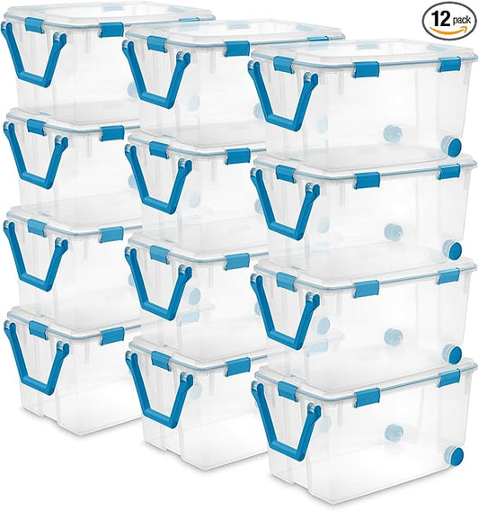 Sterilite 12-Pack Gasket Box, Weather-Resistant Storage Bins with Latching Lids, 120 Quart - Heavy-Duty Organizing Containers for Closet, Bathroom, and Office