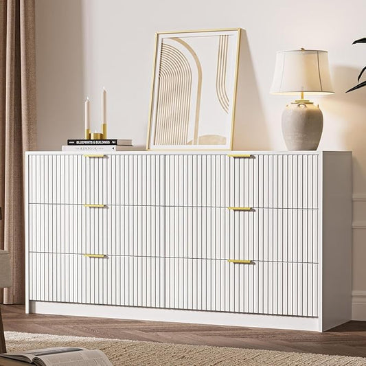 White 6 Drawer Dresser for Bedroom, 55" Wide Modern Chest of Drawers with Gold Metal Handles, Fluted Wood TV Stand for Living Room, Hallway