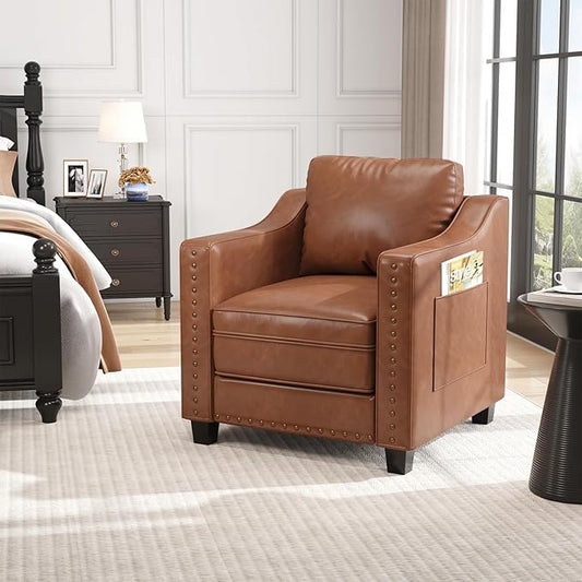 Mid Century Modern Accent Chair, 30 Inches PU Leather Armchairs, Barrel Chair Living Room Chairs Club Chair with Cushion Reading Chair for Bedroom, Apartment, Reading Room, Brown
