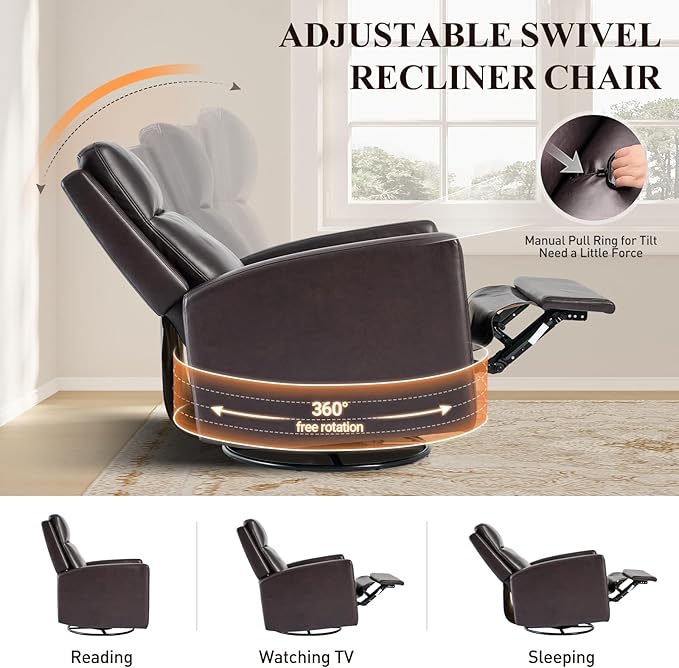 COLAMY Recliner Chair Set of 2, PU Leather 360° Swivel Rocker Recliner, Nursery Glider Recliner with Ergonomic High Backrest and Upholstered Deep Seat for Living Room, Bedroom, Color Chocolate