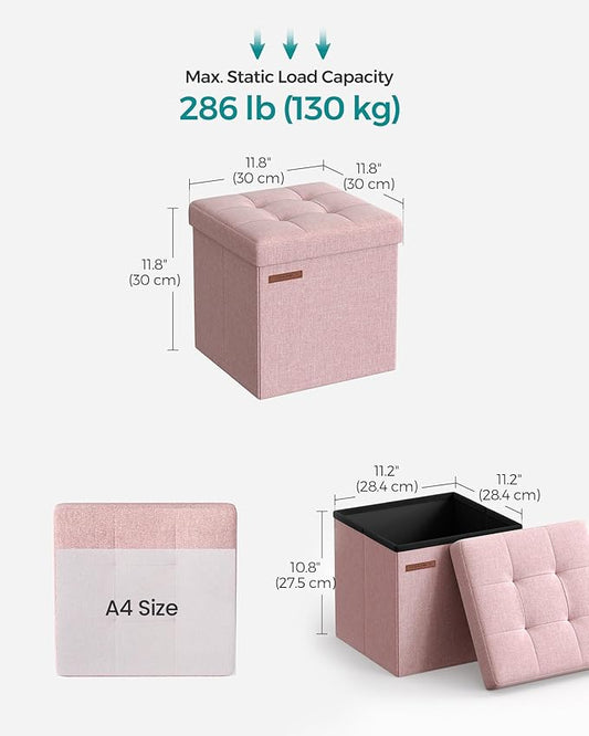 SONGMICS Storage Ottoman, Foldable Small Ottoman Foot Rest, 11.8 Inches Foot Stool, Cube Ottoman with Storage, Load up to 286 lb, for Living Room, Bedroom, Dorm, Jelly Pink ULSF028R01