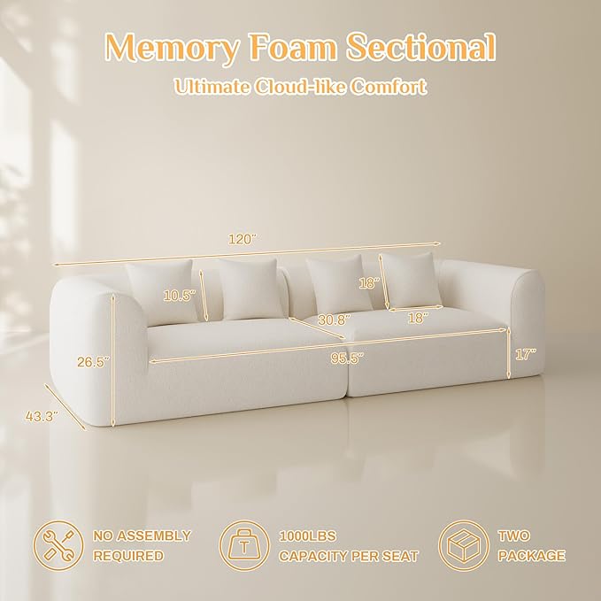 120'' Oversized Sectional Couches for Living Room Boneless Modular Sectional Sofa Plush Chenille Cloud Modular Couch Modern Sectionals with Deep Seat, No Assembly Required, 4 Seater, Beige