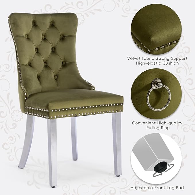 Velvet Upholstered Dining Chairs Set of 8, Modern Kitchen Side Chairs with Nailhead Trim and Silver Plated Leg, Metal Pulling Ring for Dining Room Living Room(Olive Green-Silver Plated Leg)