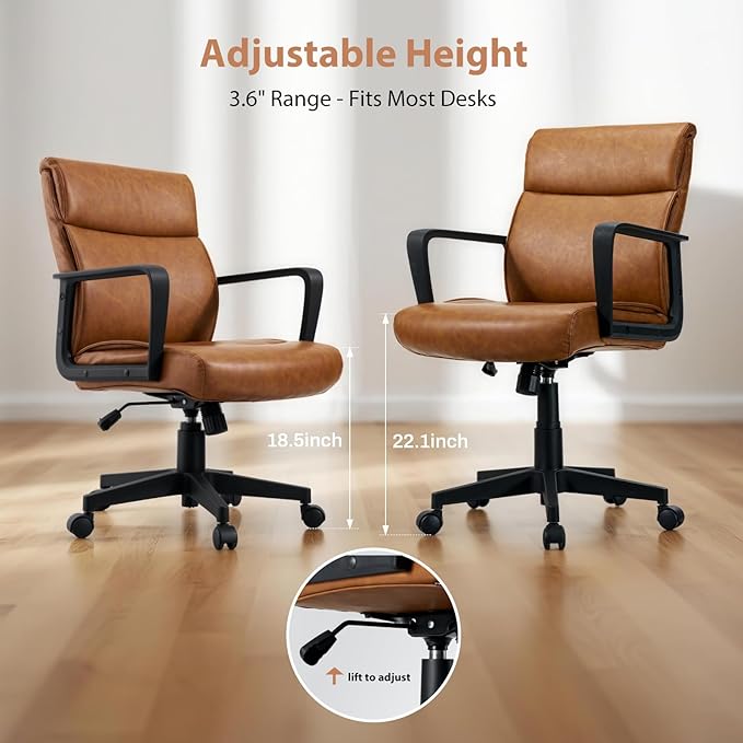 Artswish Leather Office Chair Brown Desk Chair with Wheels Arms, Mid Back Leather Executive Computer Chair Mid Century Chairs for Home Office