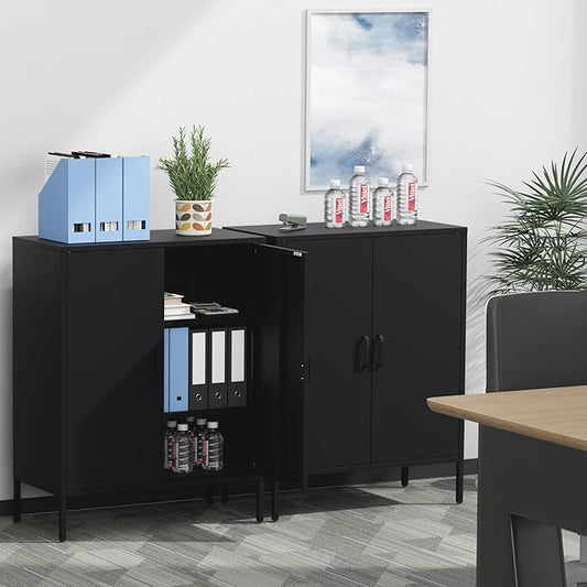Metal Storage Cabinet with Doors and Shelves,Multipurpose Storage Rack, 3-Tier Shelf,Metal Locker Style Accent Cabinet for Home Office,Living Room,Kitchen (Black, 40''H)