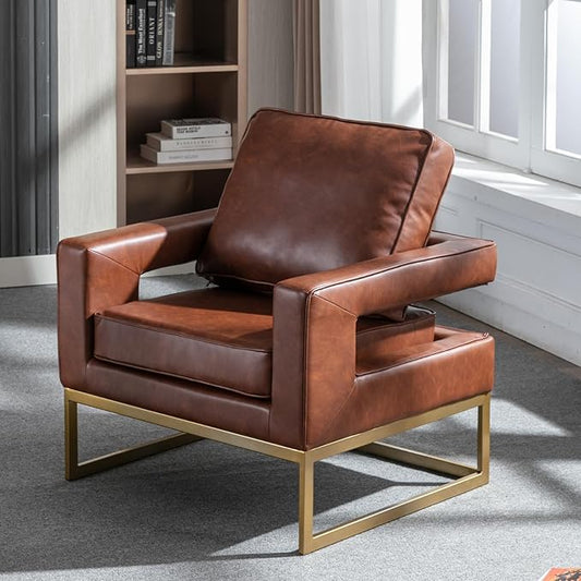 Modern Accent Chair, PU Leather Upholstered Side Chair with Backrest, Comfy Armchair Side Chair with Golden Metal Base for Living Room Reception Room, 1PC, Brown