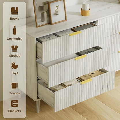 LYNSOM Fluted Dresser and Nightstand Sets 2 Piece, 1-Drawer Nightstands and 6-Drawers Dresser, Wood Bedroom Furniture Set for Home, Bedroom, Hallway, White