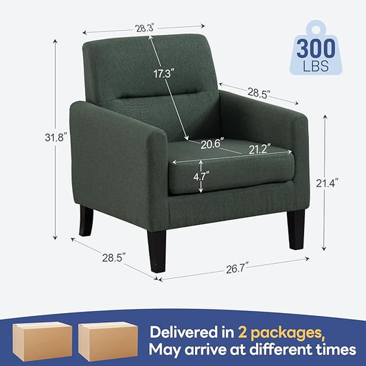 Accent Chairs Set of 2, Mid Century Modern Living Room Chairs Comfy Reading Chair with Upholstered Cushion Relax Armchair for Bedroom Apartment,Office, Green