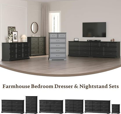 Farmhouse 6 Drawers Dresser for Bedroom, 49" Tall Modern Chest of Drawers with Deep Drawers & Bar Handles, Rustic Wood Dresser TV Stand, Wooden Closet Storage Organizer for Living Room, Hallway, Black