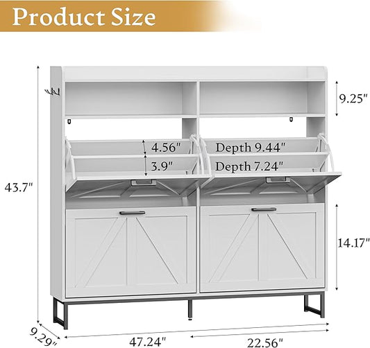 Shoe Cabinet Storage for Entryway, Shoe Storage Cabinet with 4 Flip Drawers, Freestanding Narrow Shoe Rack Organizer with Metal Legs, Adjustable Shelves & Open Storage for Foyer, Hallway, White