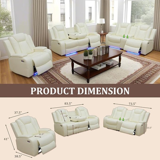 Power Recliner with LED, Creamy White Leather Reclining Chair for Living Room, Recliner Chair with Storage Armrest/USB Ports for Living Room/Bedroom/Office