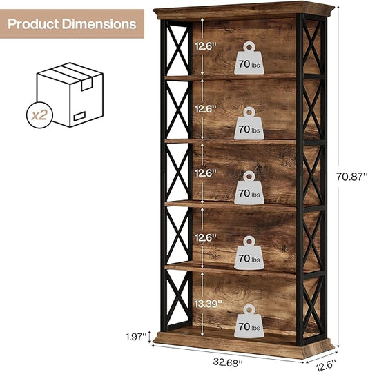 Tribesigns 71-Inch Tall Bookcase, 5-Tier Industrial Metal Bookshelf, Large Etagere Bookcases and Bookshelves, Freestanding Display Shelves for Living Room, Bedroom, Rustic Brown and Black (Set of 2)