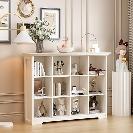 Wooden Cube Bookcase with Base - Modern 3 Tiers Floor Standing Open Shelf Cabinet for Home and Office, 12-Cube Lattice Bookshelf, Warm White