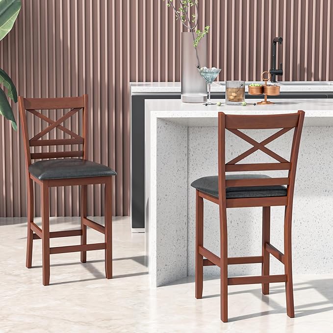 COSTWAY Barstools Set of 2, 25” Counter Height Mid Century Modern Island Chairs with Back, Soft Cushion & Faux Leather Seat, Wooden Armless Kitchen Stools for Home, Cafe Shop, Restaurant, Pub