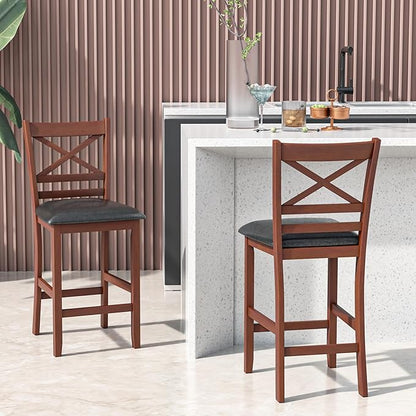 COSTWAY Barstools Set of 4, 25” Counter Height Mid Century Modern Island Chairs with Back, Soft Cushion & Faux Leather Seat, Wooden Armless Kitchen Stools for Home, Cafe Shop, Restaurant, Pub