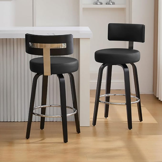 Swivel Counter Height Bar Stools Set of 2, 26" Upholstered Faux Leather Barstools with Back, Mid Century Modern Counter Stools with Black Walnut Wood Legs for Kitchen Island, Black