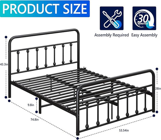 Metal Full Single Bed Frame with Storage Space, 74.8" in Steel Bed Frame with Protective Foot Pads, Strong Bearing Capacity Full Size Bed, Easy Assembly, Underbed Storage Space（43.3 inch）