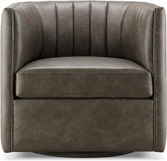 CHERS Rivet Mid-Century Modern Swivel Armchair, Channel-Tufted Faux Leather Accent Chair, 360-Degree Rotating Lounge Chair with Ergonomic Design for Living Room, Bedroom, Home Theater, Pewter