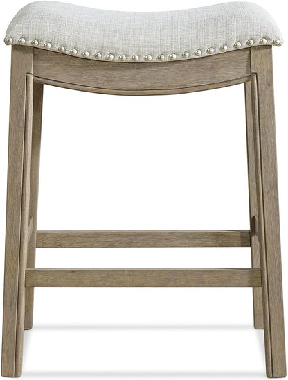 ROME + OAK Parker 26 Inch Counter Stool, Backless Saddle Kitchen Barstool in Reclaimed Oak Finish with Ash Grey Fabric Upholstery Cushion Seat
