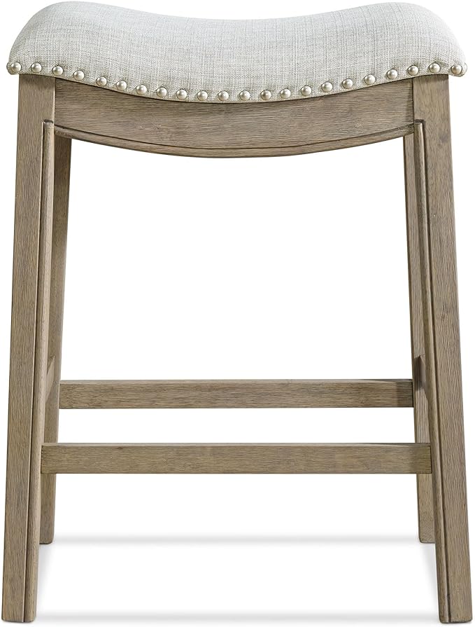 ROME + OAK Set of 4 Parker 26" Counter Stool, Backless Saddle Kitchen Barstool in Reclaimed Oak Finish with Ash Grey Fabric Upholstery Cushion Seat