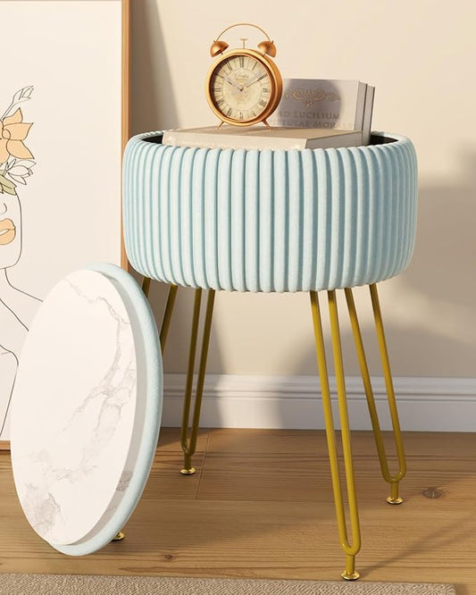 IBUYKE Velvet Storage Footrest Stool Ottoman, Makeup Vanity Stool Side Table with Golden Steel Legs Removable Cover, Coffee Table Top Cover, Blue LG-20H