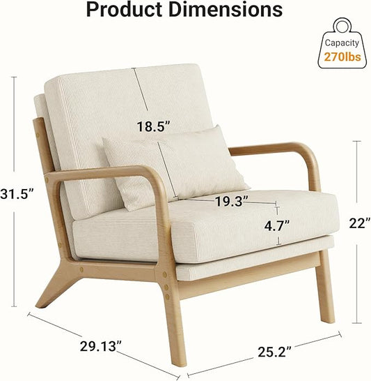 Claiks Mid-Century Modern Accent Chair, Living Room Armchair with Solid Wood Frame & Lumbar Pillow, Comfy Upholstered Lounge Chair for Bedroom, Office, Corduroy, Beige