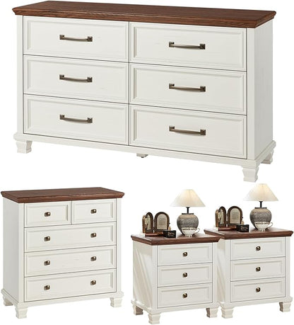 Farmhouse Bedroom Dresser and Nightstand Set of 4, 6 Drawer Low & 5 Drawers Dresser & 3 Drawer Nightstand Set with Wooden Legs, Rustic Wood Bedroom Furniture for Livingroom, Hallway, White