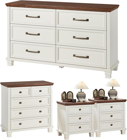 Farmhouse Bedroom Dresser and Nightstand Set of 4, 6 Drawer Low & 5 Drawers Dresser & 3 Drawer Nightstand Set with Wooden Legs, Rustic Wood Bedroom Furniture for Livingroom, Hallway, White