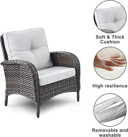 HUMMUH 3 Pieces Patio Furniture Set Outdoor Wicker Bistro Rattan Chairs with Glass Top Side Table and Thickened Cushions for Porch Deck Backyard Poolside